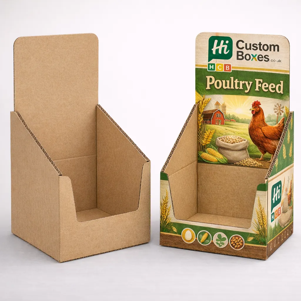 Eco-friendly brown kraft paper boxes, one plain and one featuring custom black poultry feed branding. class=
